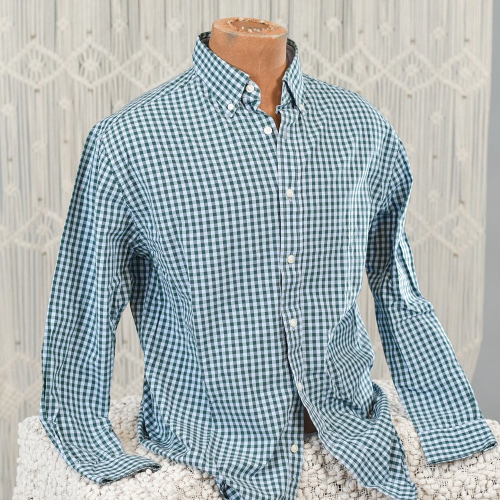 NAUTICA MEN'S BUTTON DOWN GREEN BLUE PLAID SHRIT M